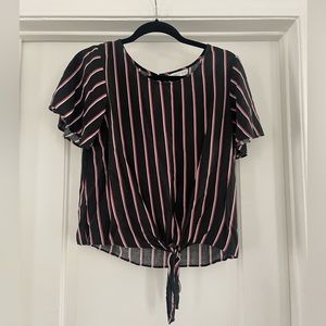 Striped party top with tie in front